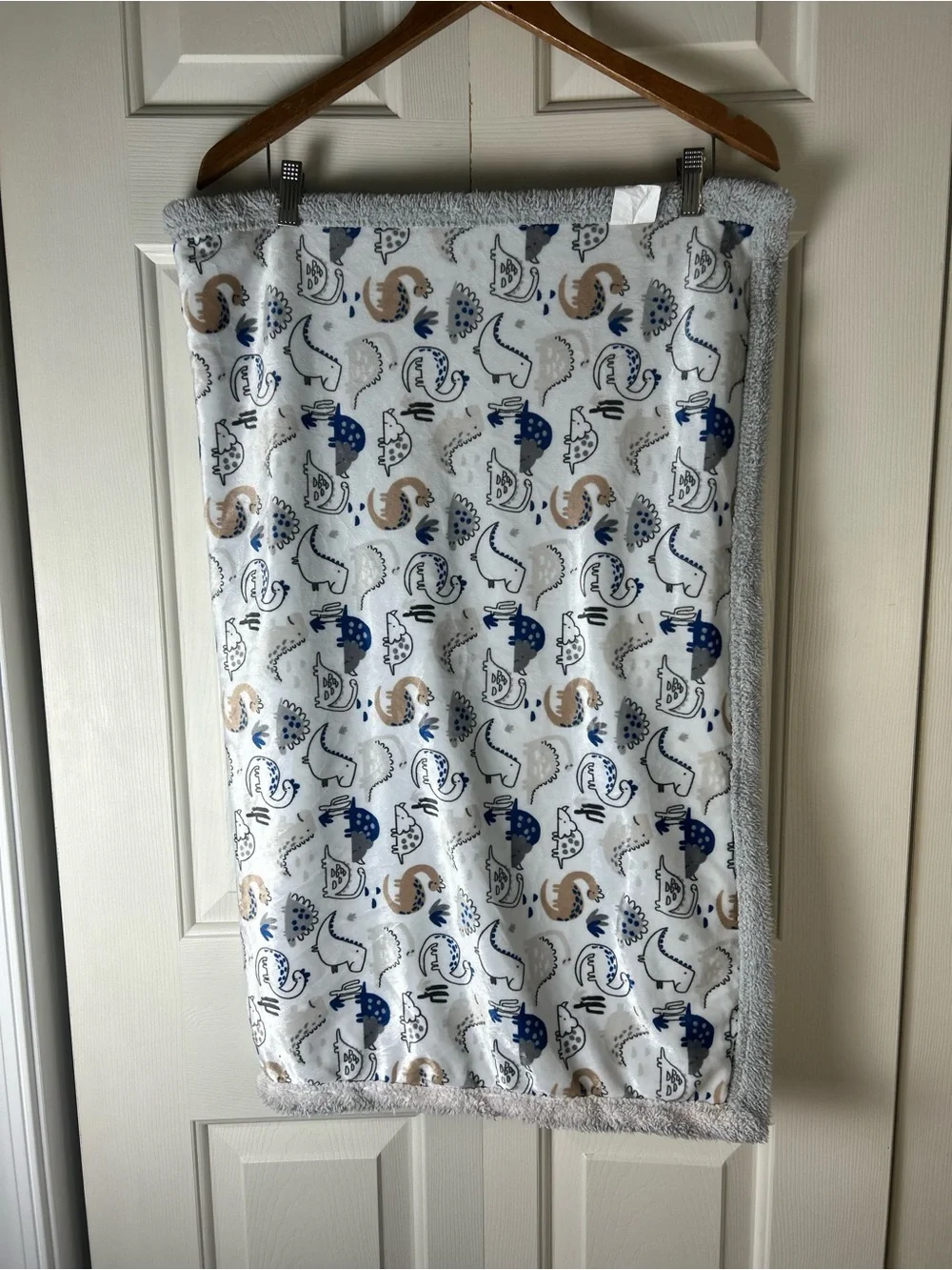 RUNT 1478 Dinosaur Baby Blanket Blue White Gray Sherpa Tan Dino Cactus Lovey